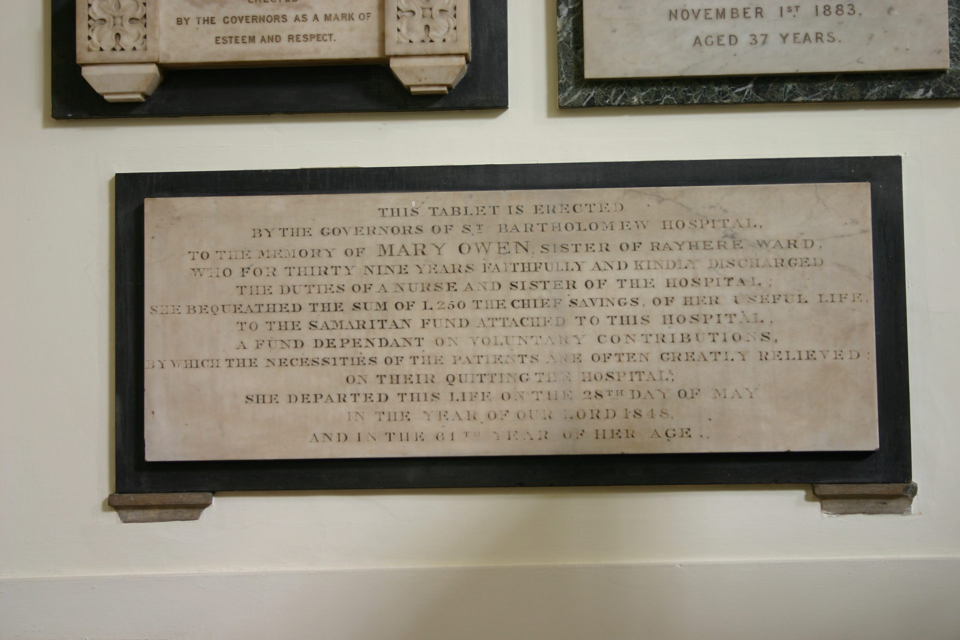 Mary Owen's memorial tablet, St Bartholomew's Hospital, London.JPG